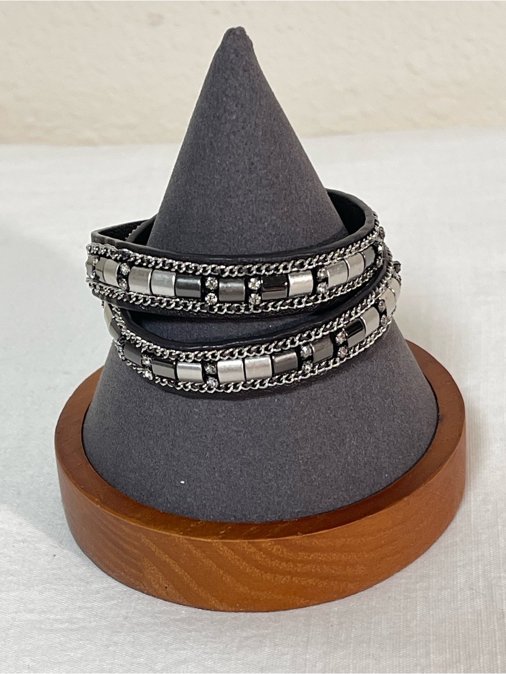 Stella & Dot “Cady” Leather Wrapped Black and Silver Bracelet
